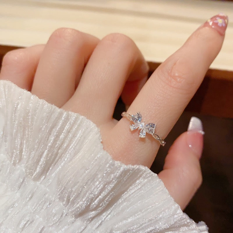 Silver-Tone Sparkling Bow Open Ring